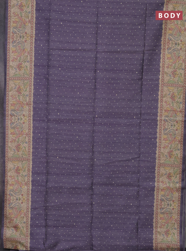 Semi tussar saree pastel lavender and beige with polka dot prints and madhubani printed pallu