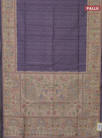 Semi tussar saree pastel lavender and beige with polka dot prints and madhubani printed pallu