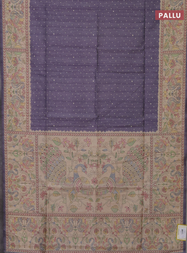 Semi tussar saree pastel lavender and beige with polka dot prints and madhubani printed pallu