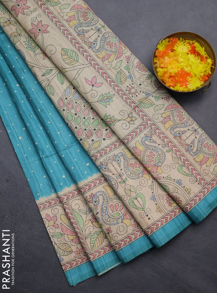 Semi tussar saree teal blue and beige with polka dot prints and madhubani printed pallu