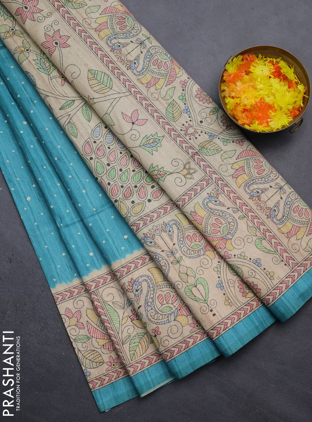 Semi tussar saree teal blue and beige with polka dot prints and madhubani printed pallu