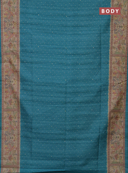 Semi tussar saree teal blue and beige with polka dot prints and madhubani printed pallu