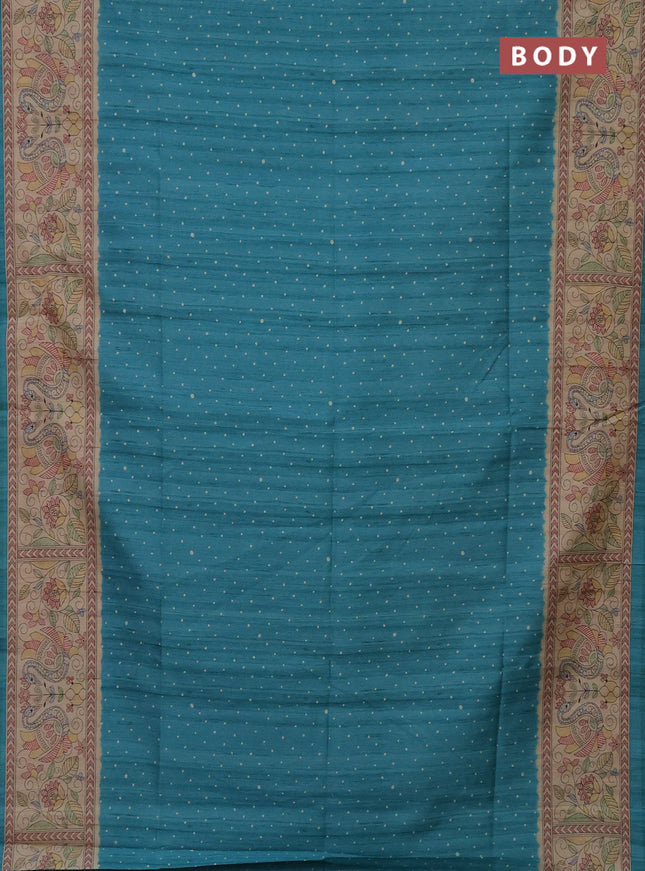 Semi tussar saree teal blue and beige with polka dot prints and madhubani printed pallu