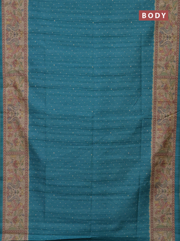 Semi tussar saree teal blue and beige with polka dot prints and madhubani printed pallu