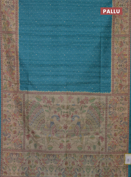 Semi tussar saree teal blue and beige with polka dot prints and madhubani printed pallu