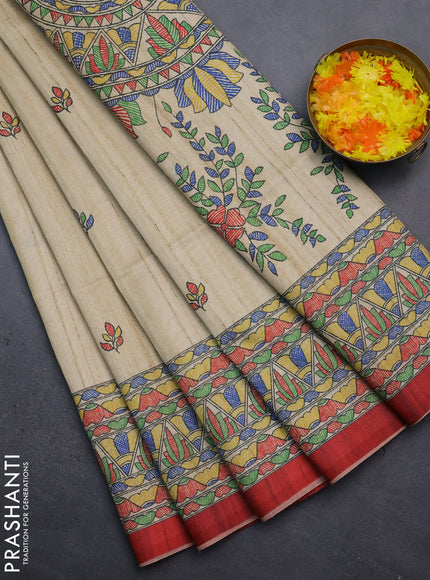 Semi tussar saree beige and maroon with madhubani prints and printed border