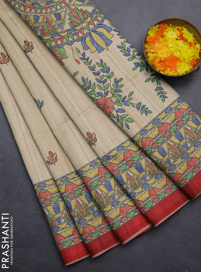 Semi tussar saree beige and maroon with madhubani prints and printed border