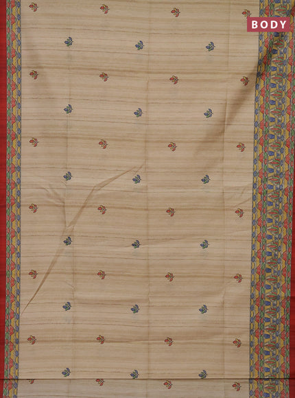 Semi tussar saree beige and maroon with madhubani prints and printed border