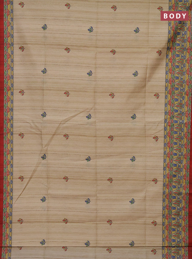 Semi tussar saree beige and maroon with madhubani prints and printed border