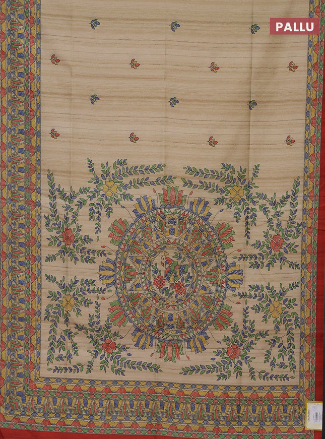 Semi tussar saree beige and maroon with madhubani prints and printed border