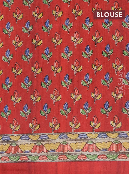 Semi tussar saree beige and maroon with madhubani prints and printed border