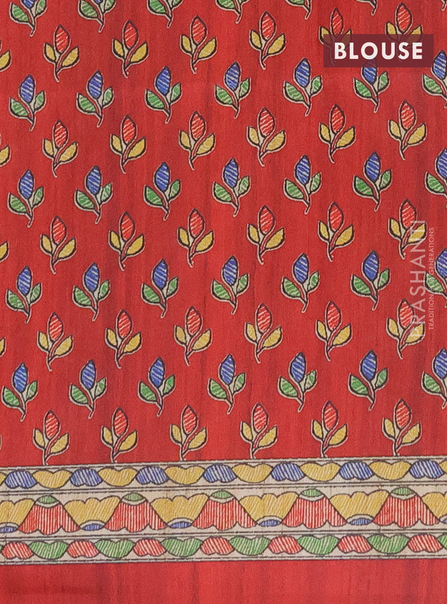 Semi tussar saree beige and maroon with madhubani prints and printed border