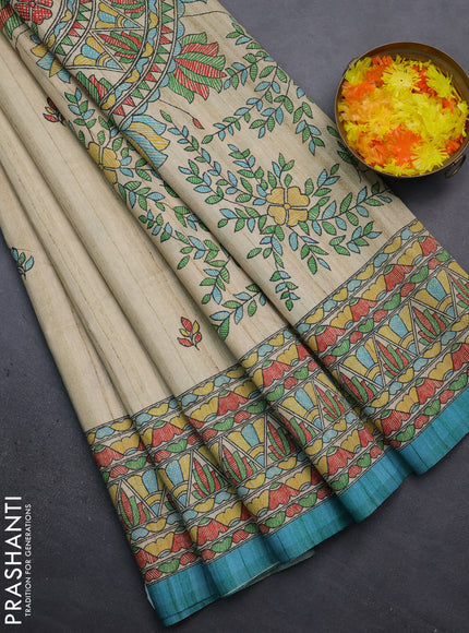 Semi tussar saree beige and teal blue with madhubani prints and printed border