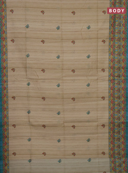 Semi tussar saree beige and teal blue with madhubani prints and printed border