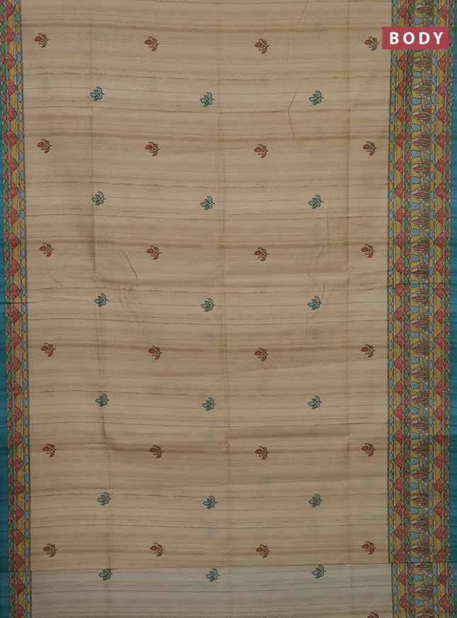 Semi tussar saree beige and teal blue with madhubani prints and printed border