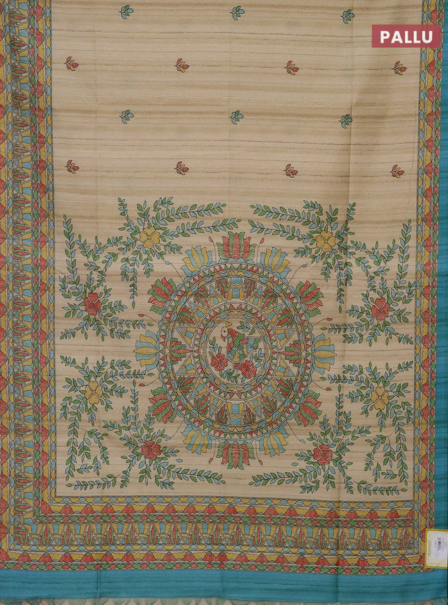 Semi tussar saree beige and teal blue with madhubani prints and printed border