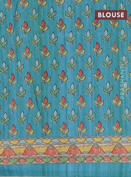 Semi tussar saree beige and teal blue with madhubani prints and printed border