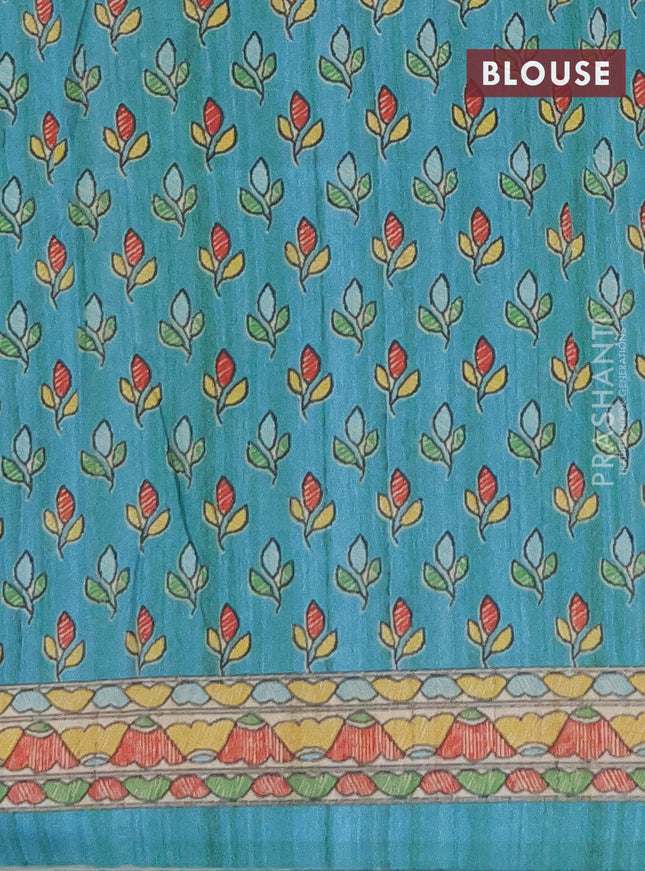 Semi tussar saree beige and teal blue with madhubani prints and printed border