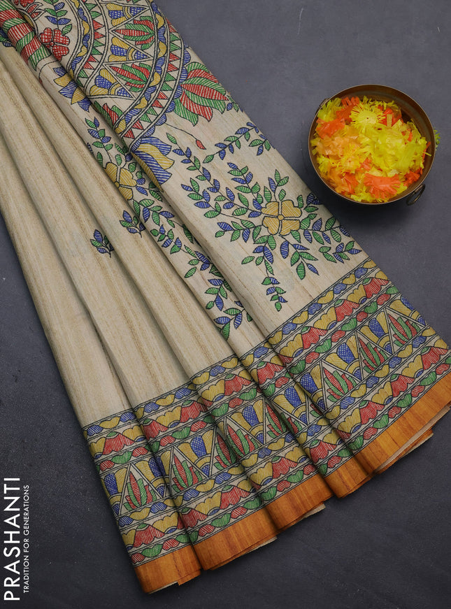 Semi tussar saree beige and mustard yellow with madhubani prints and printed border