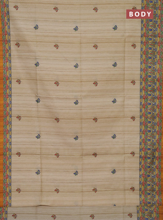 Semi tussar saree beige and mustard yellow with madhubani prints and printed border