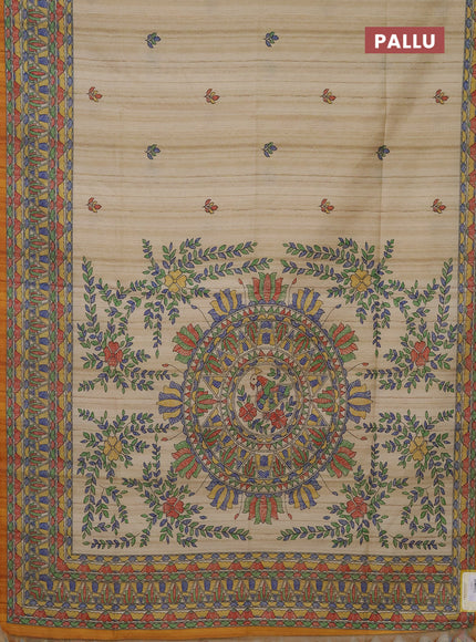 Semi tussar saree beige and mustard yellow with madhubani prints and printed border