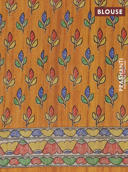 Semi tussar saree beige and mustard yellow with madhubani prints and printed border