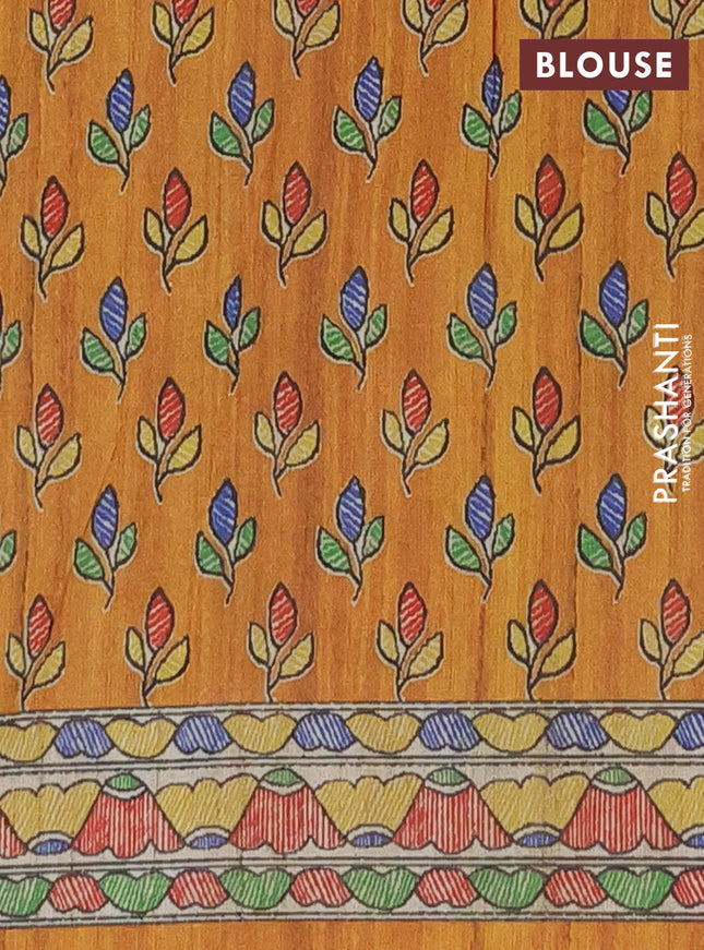 Semi tussar saree beige and mustard yellow with madhubani prints and printed border