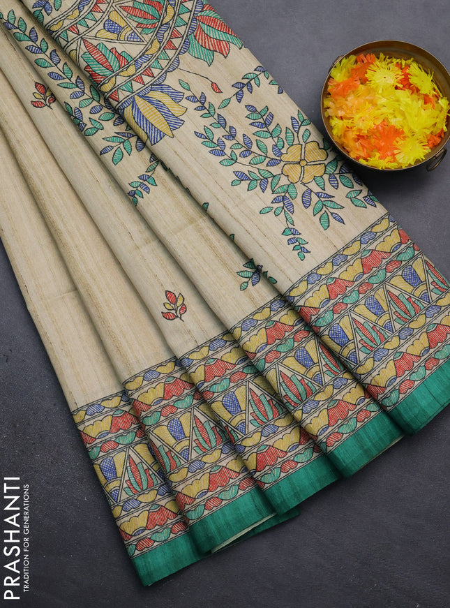 Semi tussar saree beige and green with madhubani prints and printed border