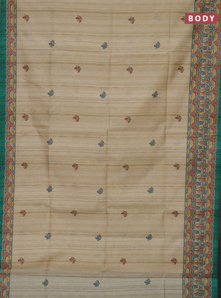 Semi tussar saree beige and green with madhubani prints and printed border