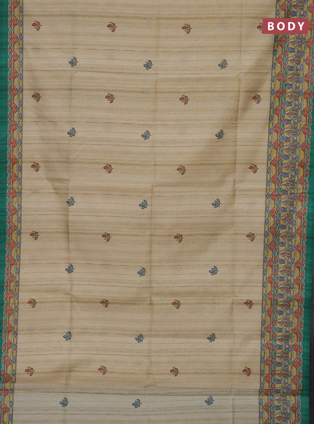 Semi tussar saree beige and green with madhubani prints and printed border