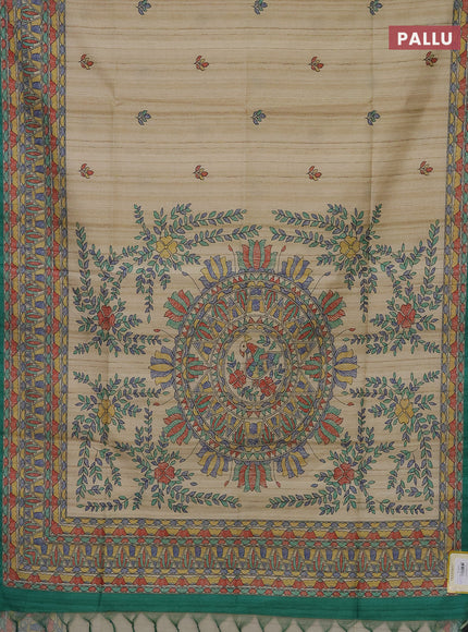 Semi tussar saree beige and green with madhubani prints and printed border