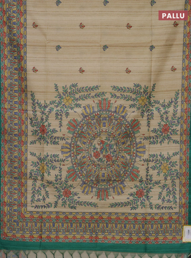 Semi tussar saree beige and green with madhubani prints and printed border