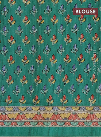 Semi tussar saree beige and green with madhubani prints and printed border