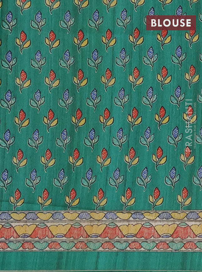 Semi tussar saree beige and green with madhubani prints and printed border