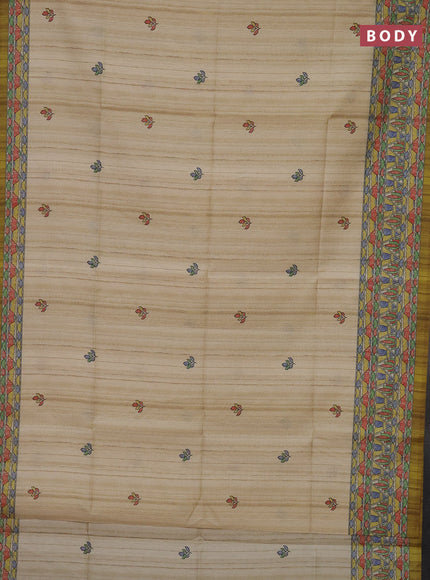 Semi tussar saree beige and mehendi green with madhubani prints and printed border
