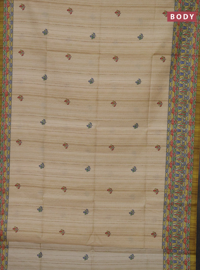 Semi tussar saree beige and mehendi green with madhubani prints and printed border
