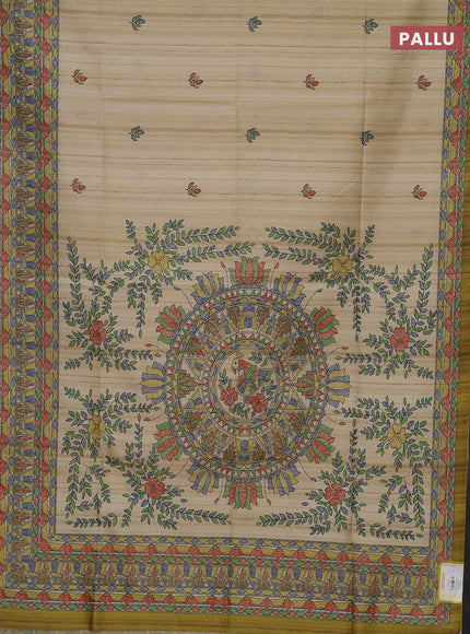 Semi tussar saree beige and mehendi green with madhubani prints and printed border