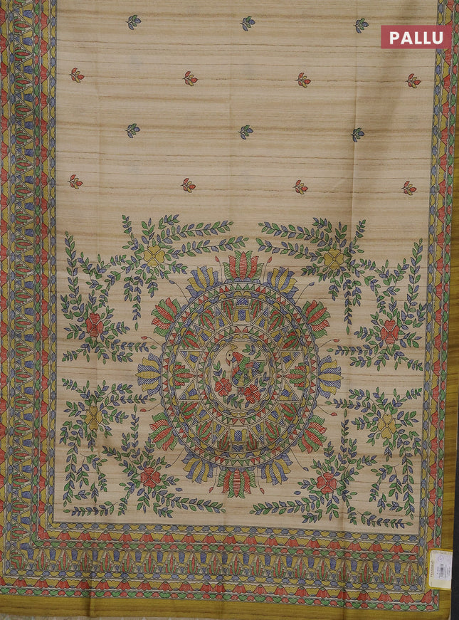 Semi tussar saree beige and mehendi green with madhubani prints and printed border