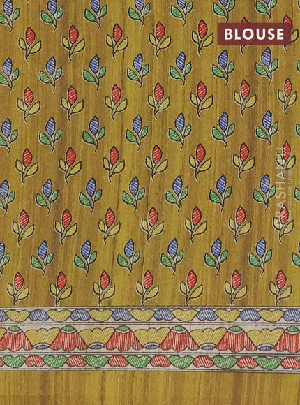 Semi tussar saree beige and mehendi green with madhubani prints and printed border