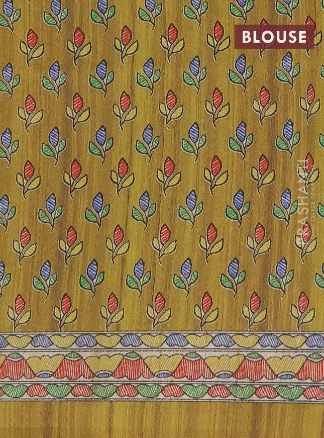 Semi tussar saree beige and mehendi green with madhubani prints and printed border