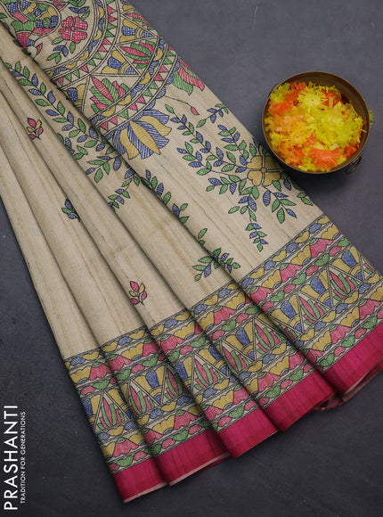 Semi tussar saree beige and magenta pink with madhubani prints and printed border