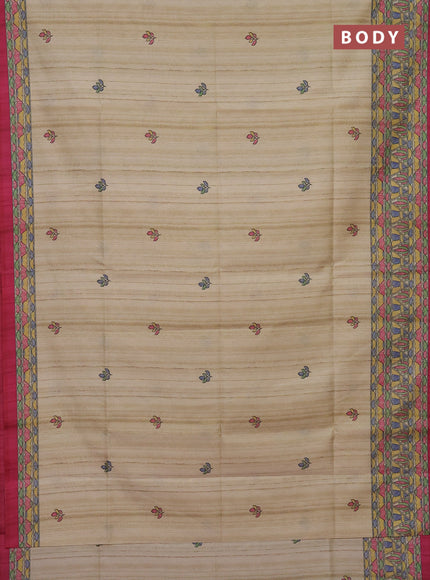 Semi tussar saree beige and magenta pink with madhubani prints and printed border