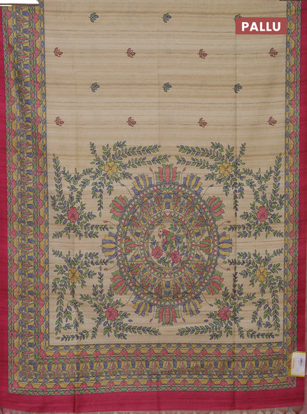 Semi tussar saree beige and magenta pink with madhubani prints and printed border