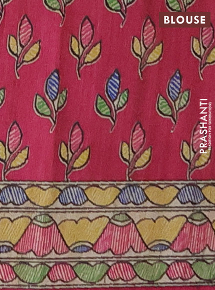 Semi tussar saree beige and magenta pink with madhubani prints and printed border