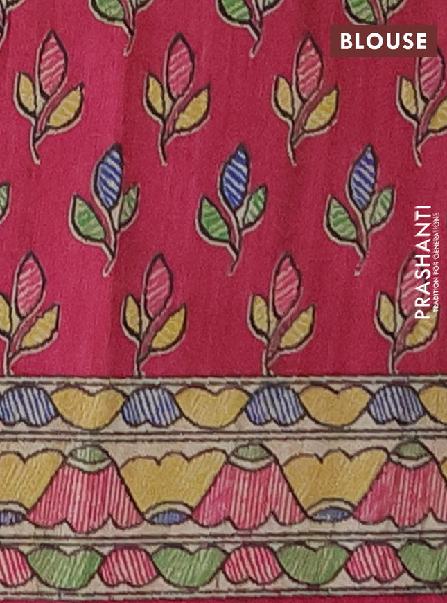 Semi tussar saree beige and magenta pink with madhubani prints and printed border