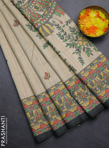 Semi tussar saree beige and elephant grey with madhubani prints and printed border