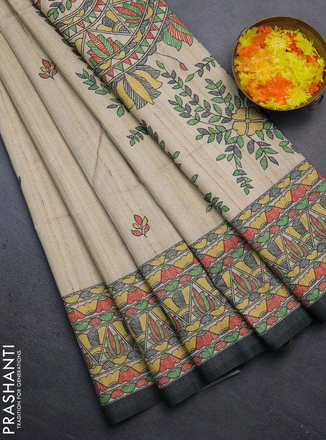 Semi tussar saree beige and elephant grey with madhubani prints and printed border