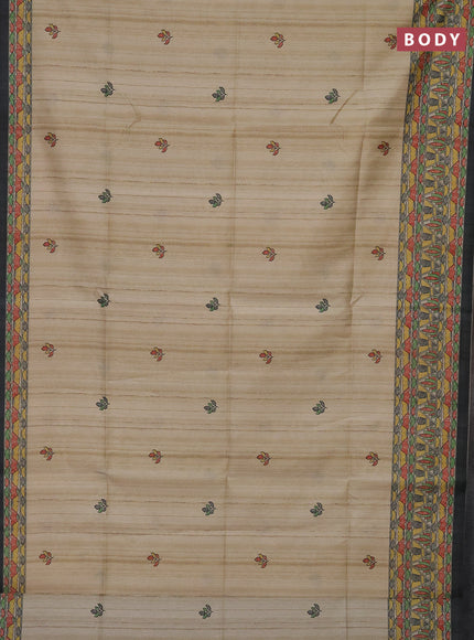 Semi tussar saree beige and elephant grey with madhubani prints and printed border