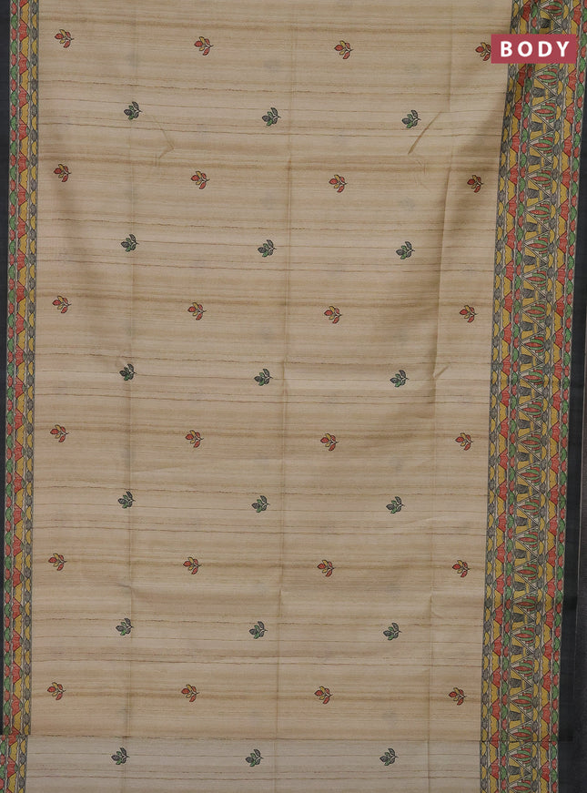 Semi tussar saree beige and elephant grey with madhubani prints and printed border
