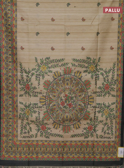 Semi tussar saree beige and elephant grey with madhubani prints and printed border